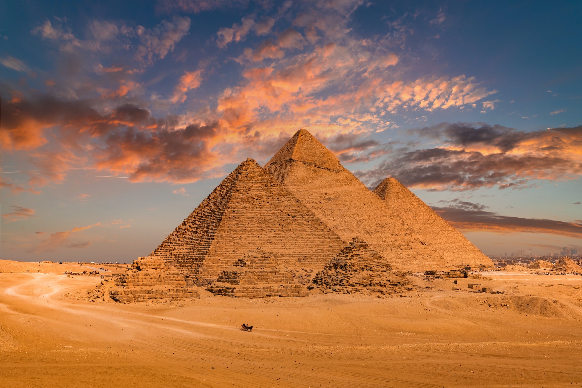 Sunset view of Pyramid complex of Giza, in Cairo, Egypt